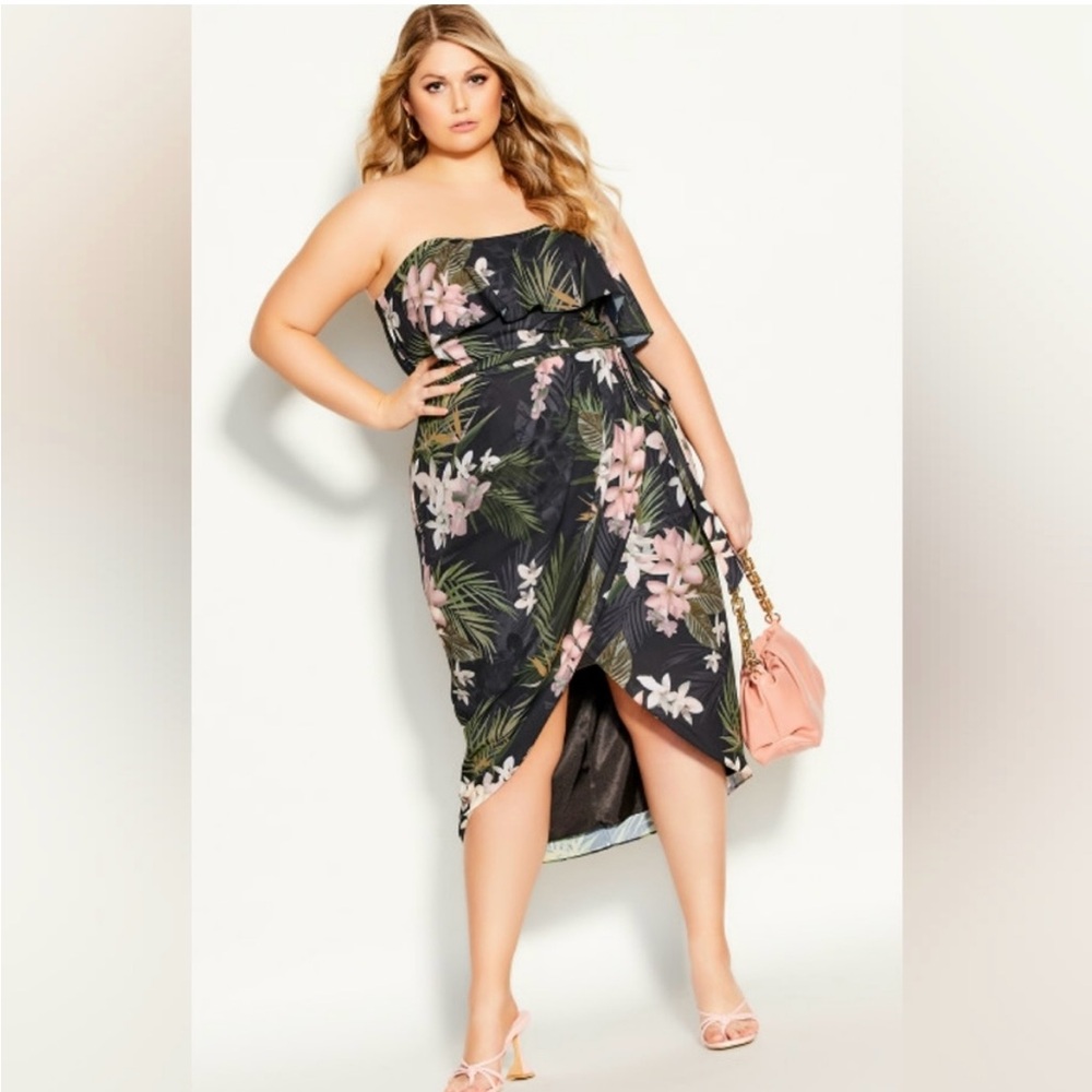 Citi Chic Bahamas Floral Midi Dress Strapless Tulip Hem Plus Size 18